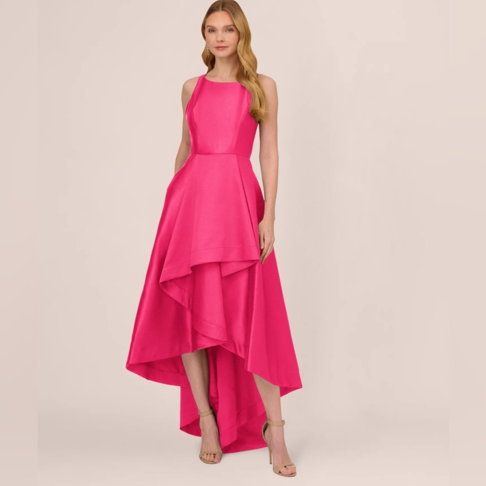 Adrianna Papell Mikado Asymmetrical Electric Pink Fit and Flare High Low Gown - Picture 1 of 8